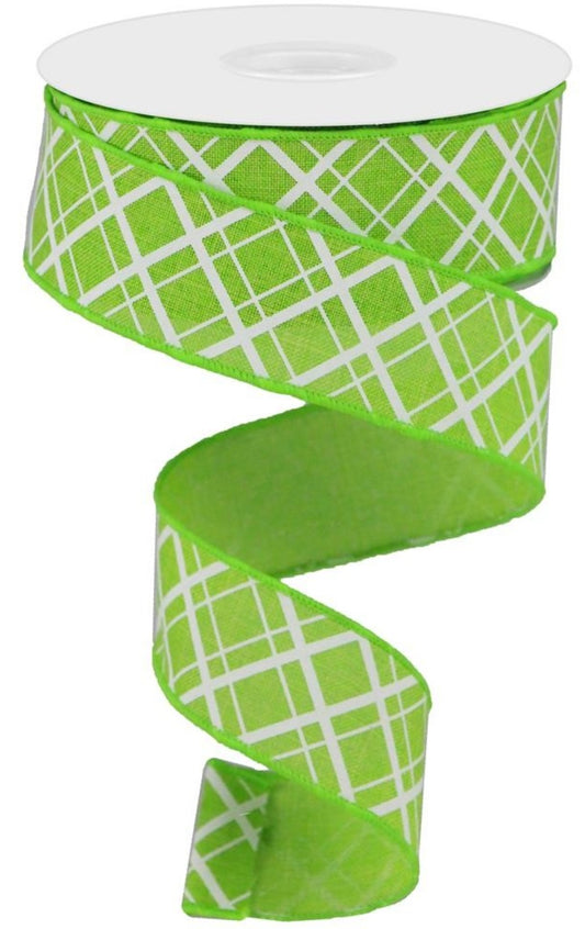 10 Yards - 1.5" Wired Lime Green and White Cross Plaid Ribbon