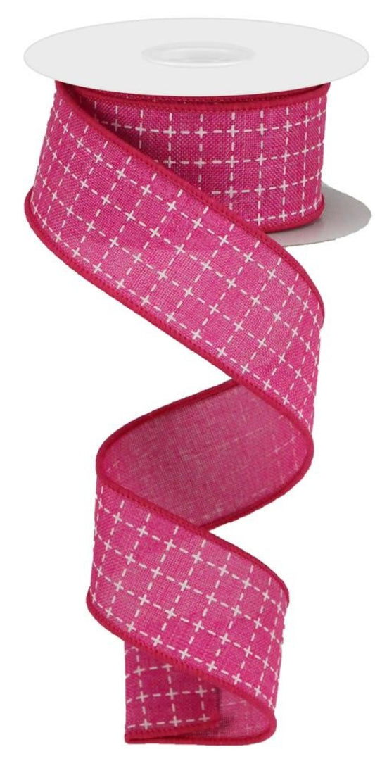 10 Yards - 1.5" Wired Fuschia Pink and White Faux Stitched Check Ribbon