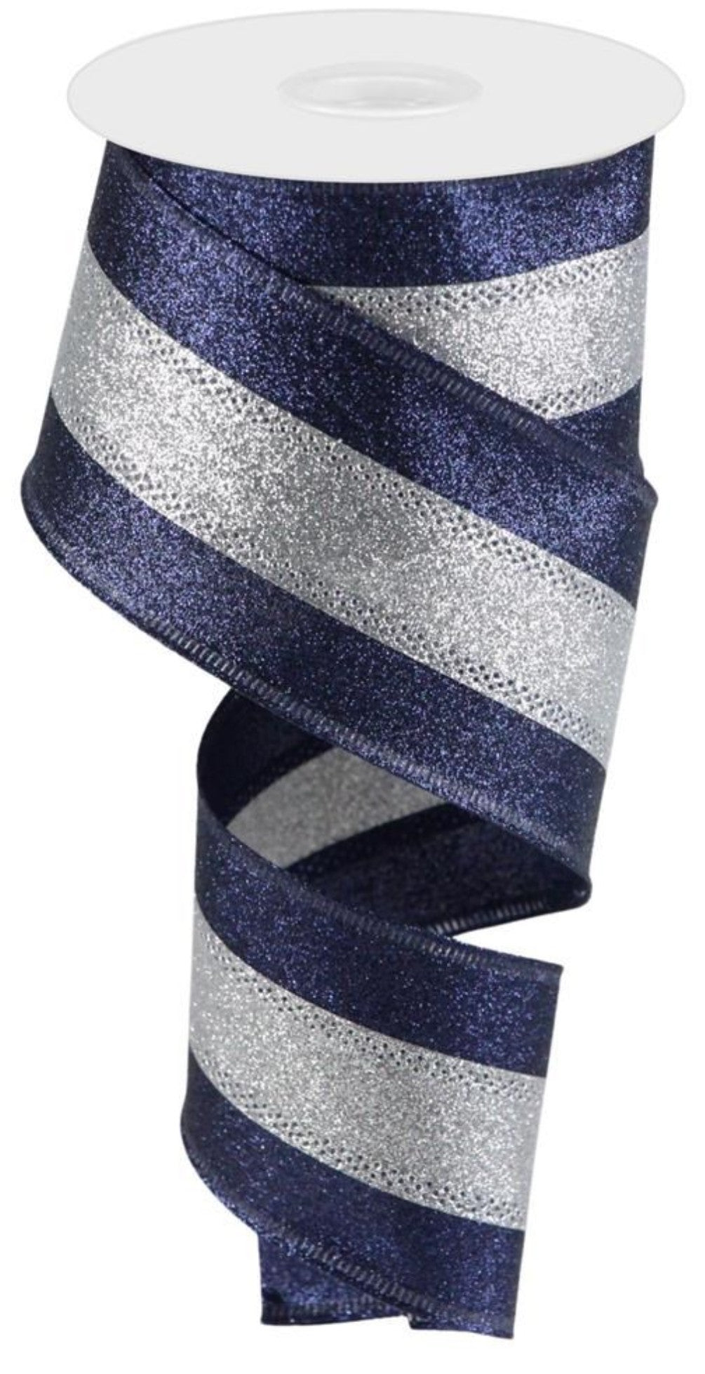 10 Yards - 2.5" Wired Navy Blue and Silver Heavy Glitter Ribbon