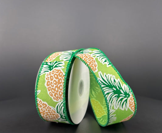 10 Yards - 1.5" Wired Lime Green Background Pineapple Ribbon