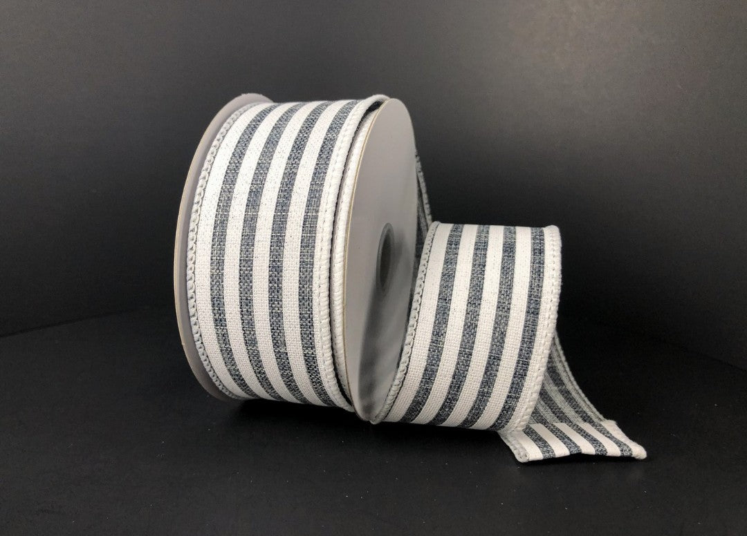 10 Yards - 1.5" Wired Gray and White Stripe Ribbon