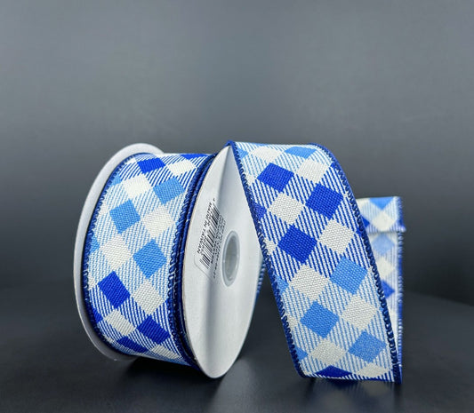 10 Yards - 1.5" Wired Blue and White Cross Plaid Ribbon