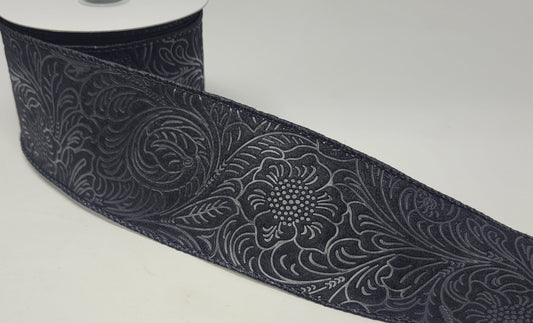 10 Yards - 2.5" Wired Black Floral Embossed Ribbon