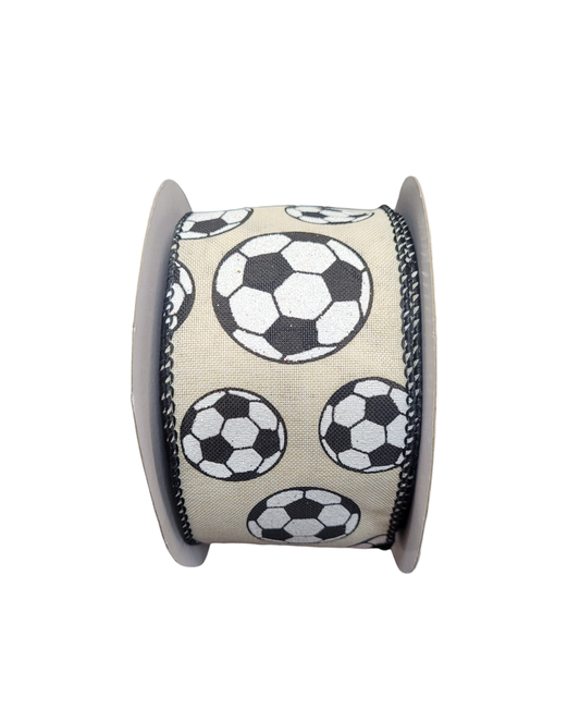 10 Yards - 2.5" Wired Cream Background Soccer Ball Sports Ribbon with Glitter Accent