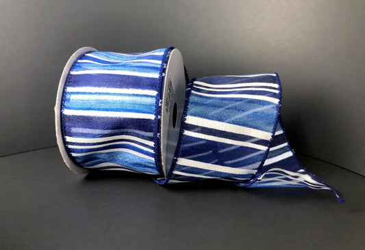 10 Yards - 2.5" Wired Blue and White Semi-Sheer Ribbon