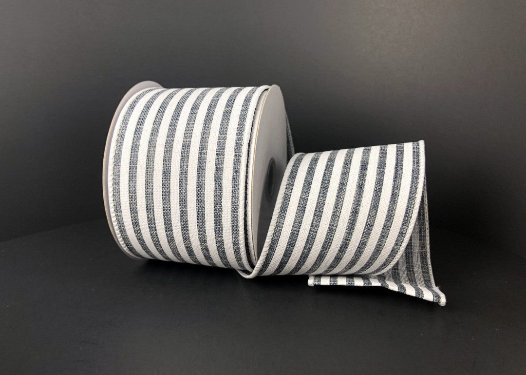 10 Yards - 2.5" Wired Gray and White Stripe Ribbon