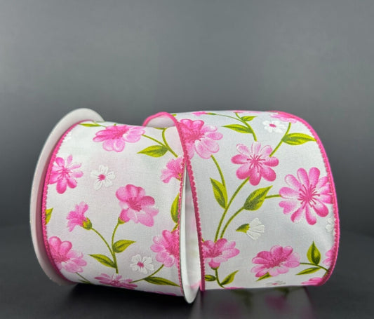 10 Yards - 2.5" Wired White Background Pink Floral Ribbon