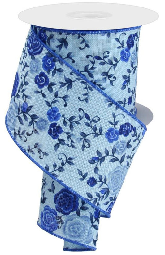 10 Yards - 2.5" Wired Blue Background Blue Rose Floral Ribbon