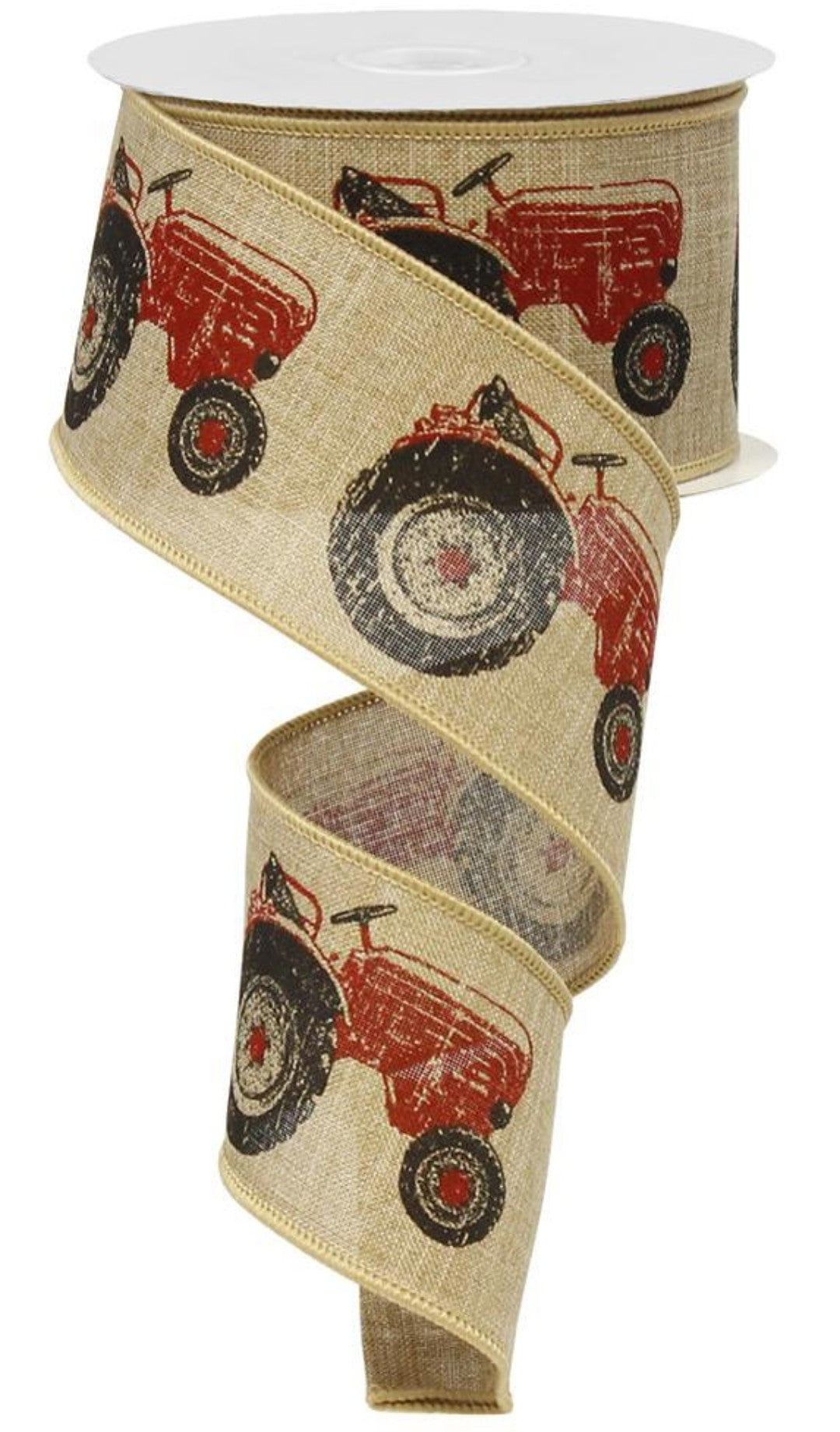 10 Yards - 2.5" Wired Natural Background Red Tractor Ribbon