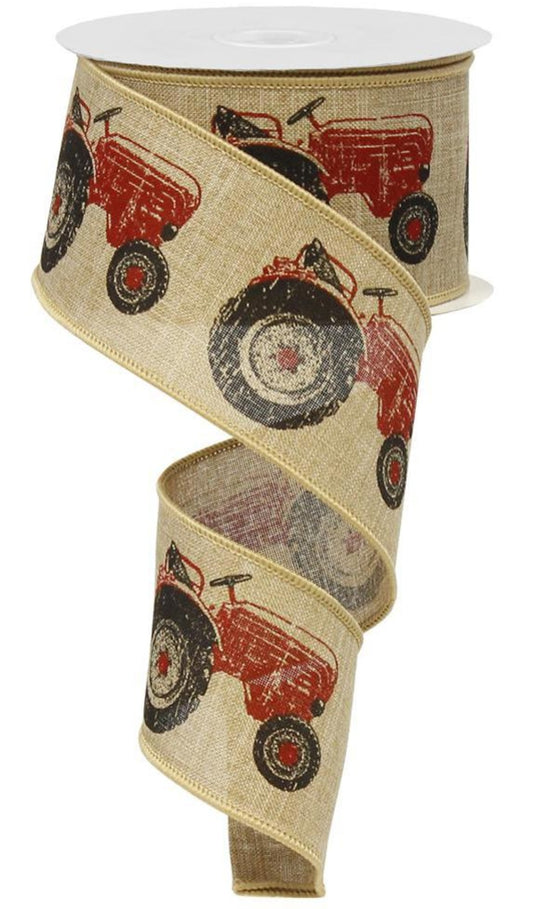 10 Yards - 2.5" Wired Natural Background Red Tractor Ribbon