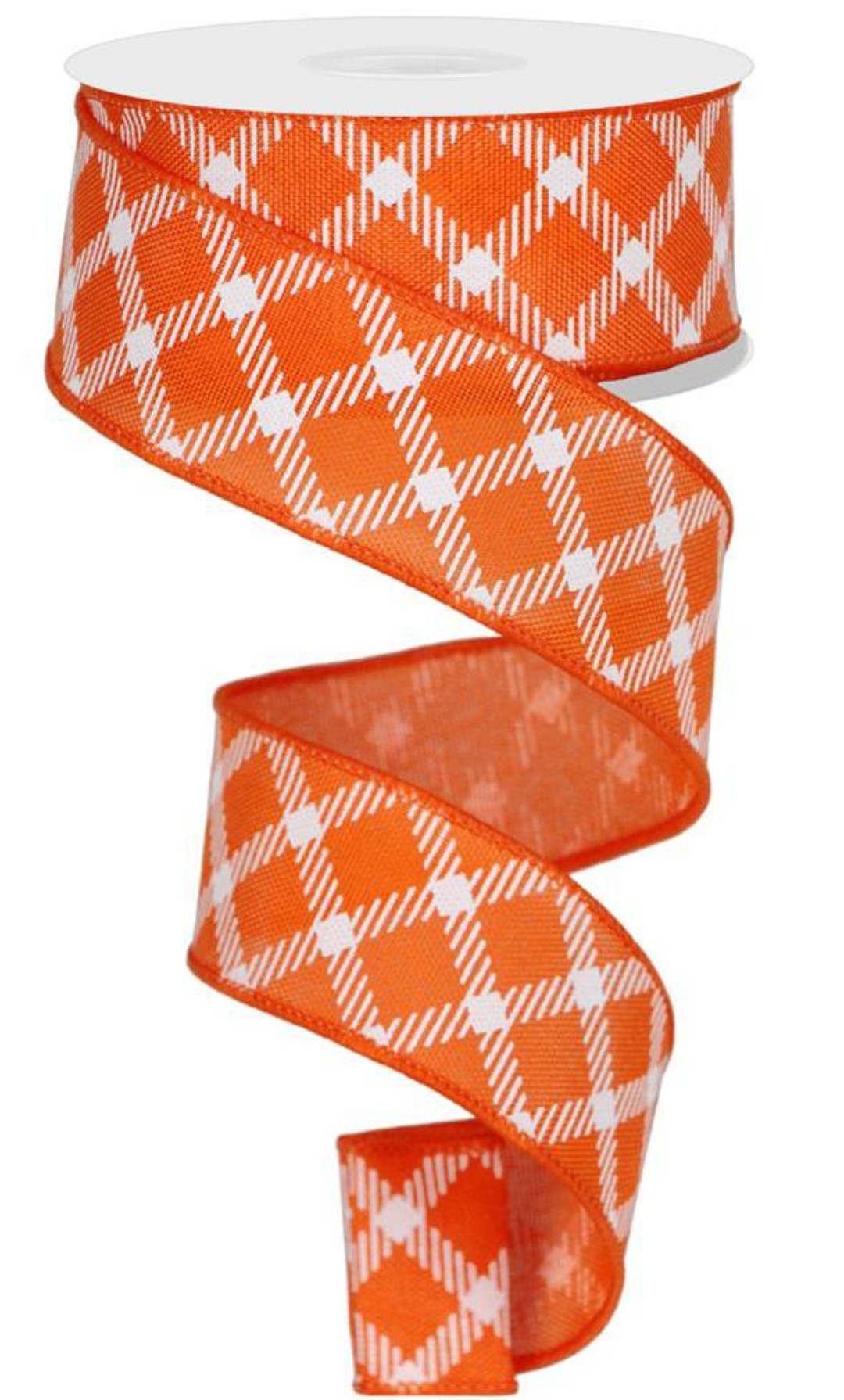 10 Yards - 1.5" Wired Orange and White Cross Plaid Ribbon