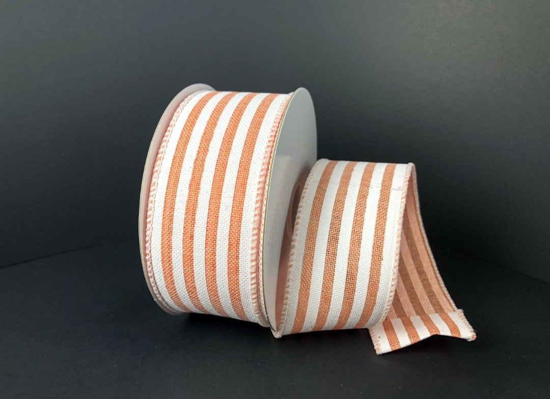 10 Yards - 1.5" Wired Peach and White Stripe Ribbon