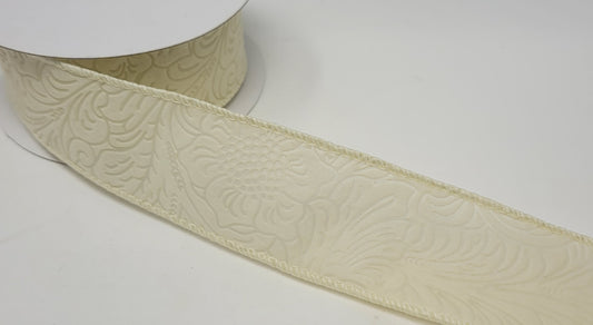 10 Yards - 1.5" Wired Cream Floral Embossed Ribbon