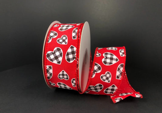 10 Yards - 1.5" Wired Red Background Check Heart Valentines Day Ribbon