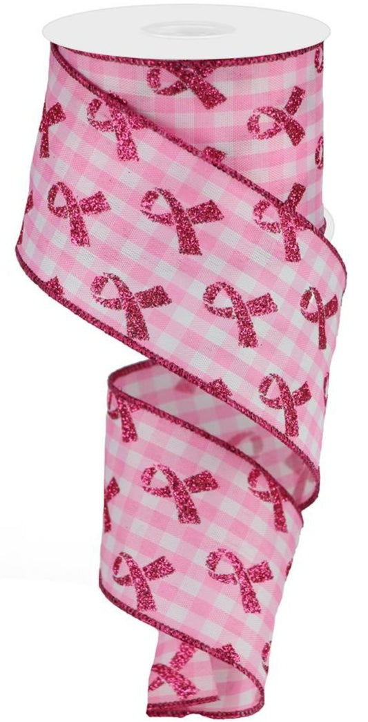 10 Yards - 2.5" Wired Pink and White Gingham Check Breast Cancer Awareness Ribbon with Glitter Accent