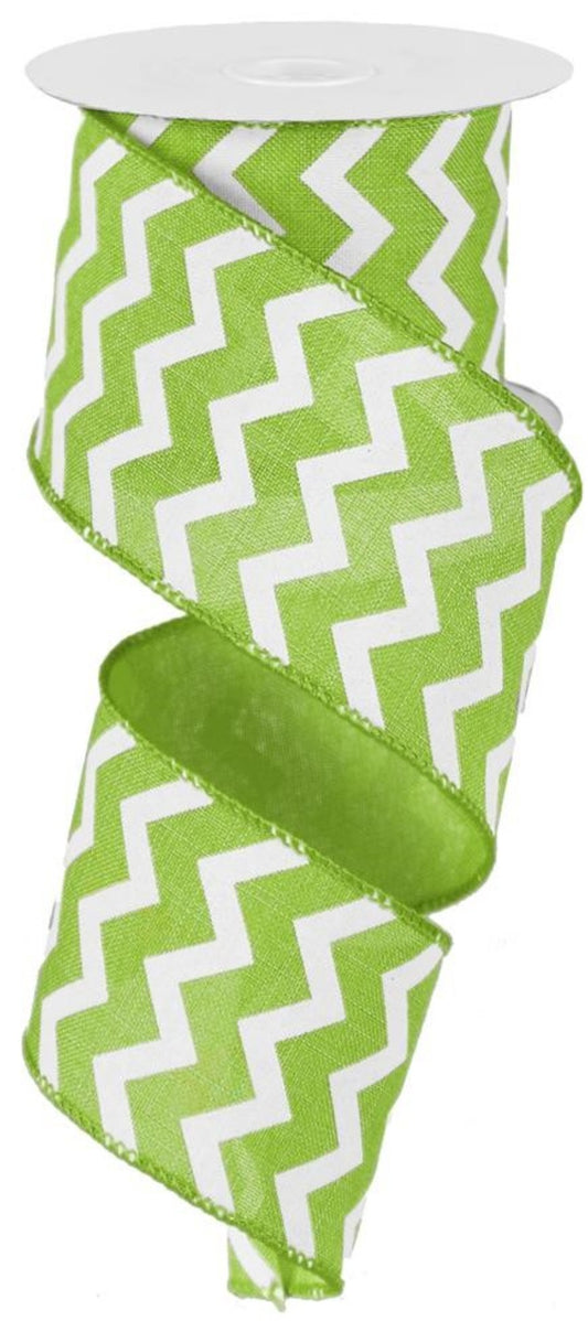 10 Yards - 2.5" Wired Lime Green and White Chevron Ribbon