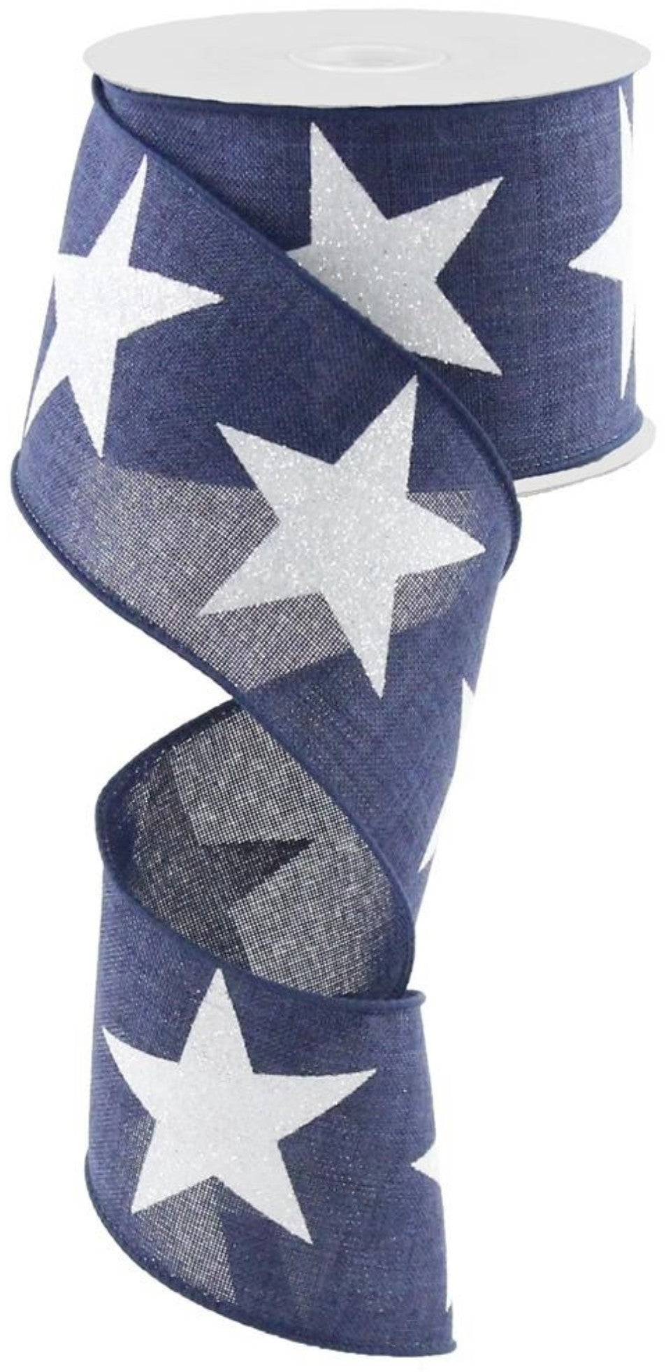 10 Yards - 2.5" Wired Denim Blue Background Glitter Star Patriotic Ribbon