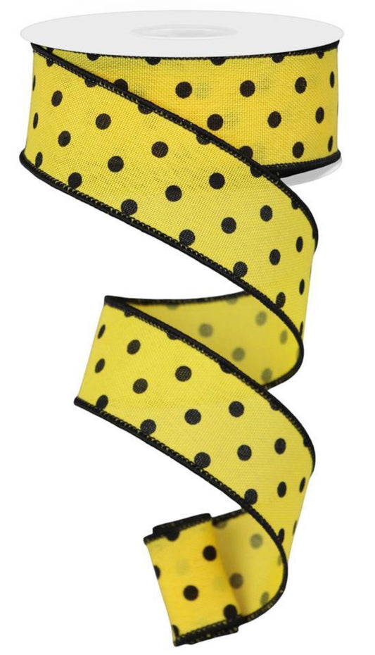 10 Yards - 1.5" Wired Yellow and Black Polka Dot Ribbon