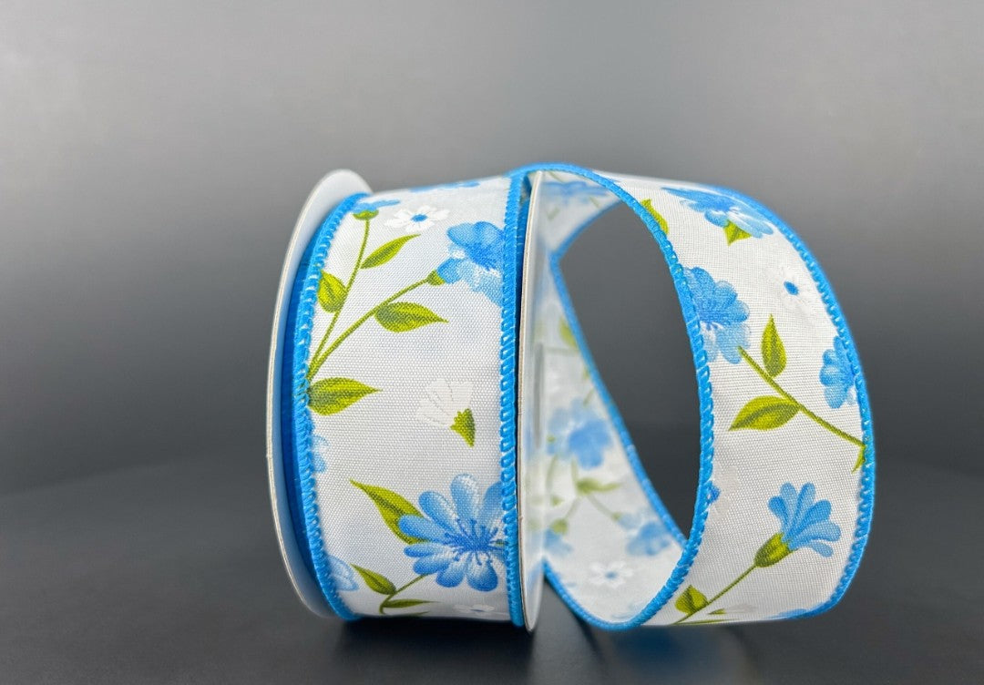 10 Yards - 1.5" Wired White Background Blue Floral Ribbon