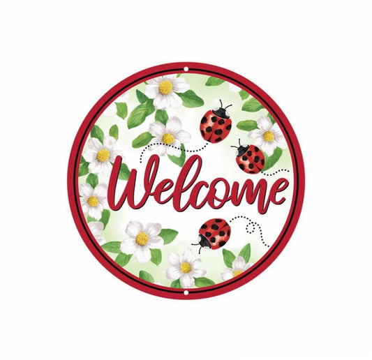 10” Round Metal Welcome Ladybug Wreath Sign