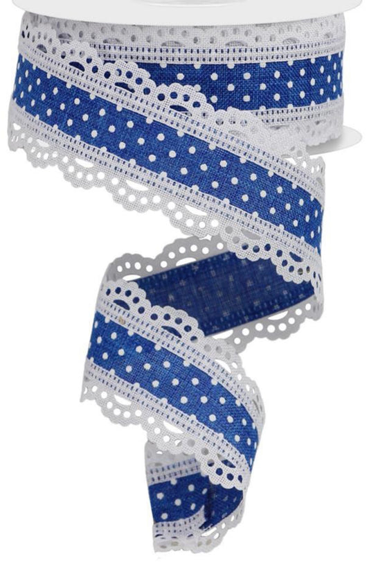 10 Yards - 1.5” Wired Royal Blue and White Swiss Dot Ribbon with Lace Edge