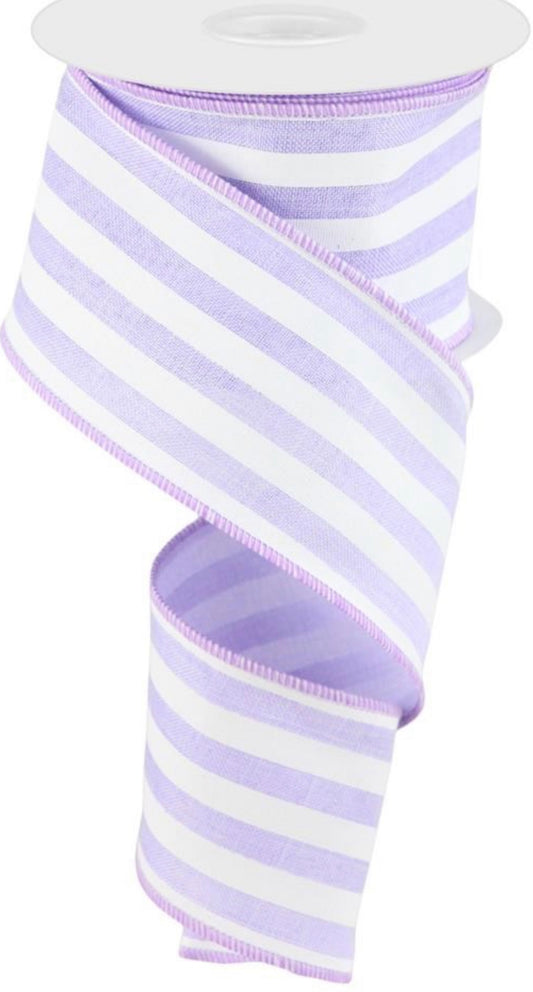 10 Yards - 2.5” Wired Lavender and White Stripe Ribbon