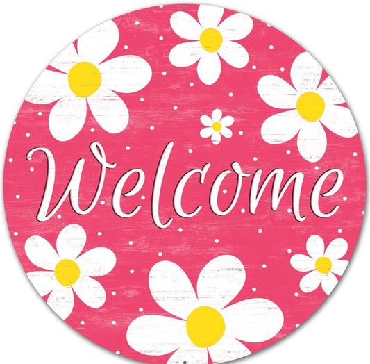 12” Round Metal Pink Welcome Daisy Wreath Sign