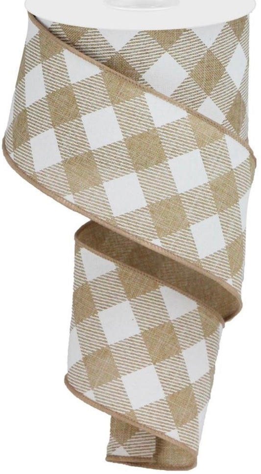 10 Yards - 2.5” Wired Natural and White Cross Check Ribbon