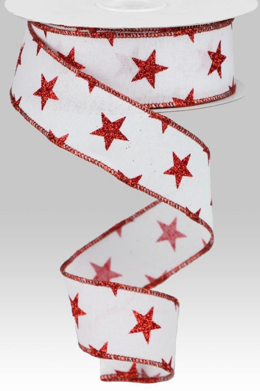 10 Yards - 1.5” Wired White with Red Glitter Star Patriotic Ribbon