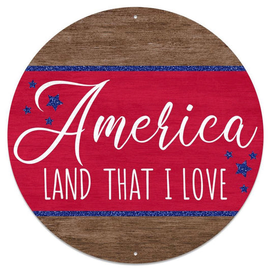 12” Round Metal America Wreath Sign with Blue Glitter Accent