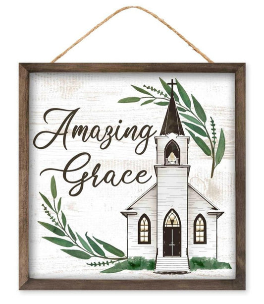 10” Square Amazing Grace Church Wreath Sign