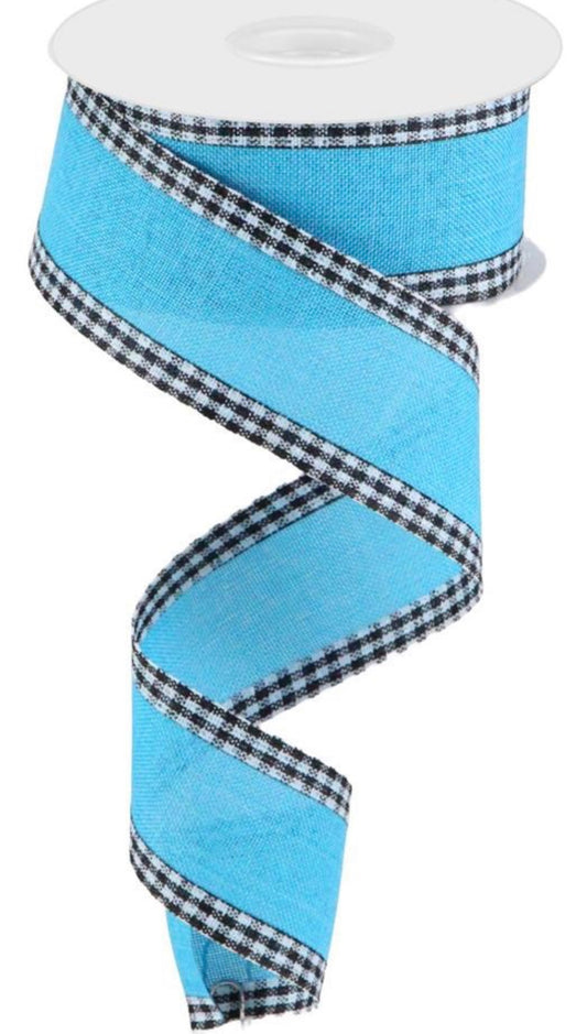 10 Yards - 1.5” Wired Blue Ribbon with Black and White Check Edge