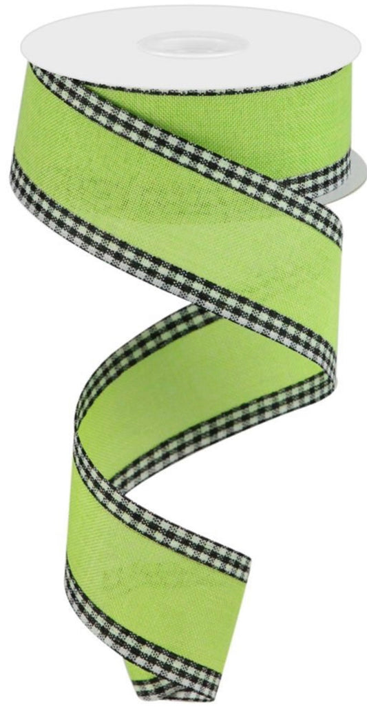 10 Yards - 1.5” Wired Lime Green Background with Black and White Gingham Check Edge Ribbon