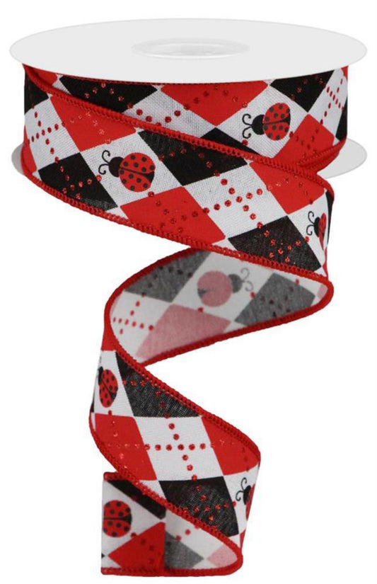 10 Yards - 1.5” Ladybug Argyle with Glitter Accents Ribbon