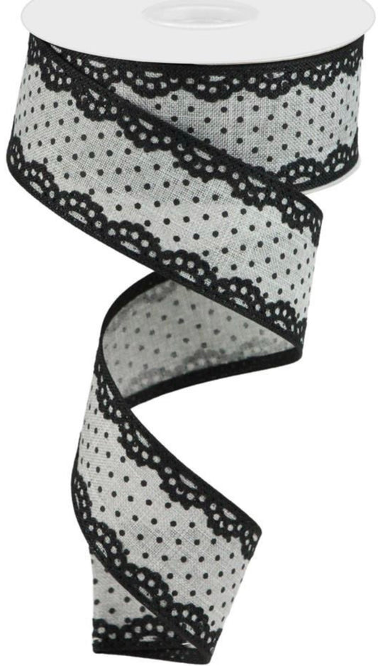 10 Yards - 1.5” Wired Gray and Black Swiss Dot Ribbon with Lace Edge