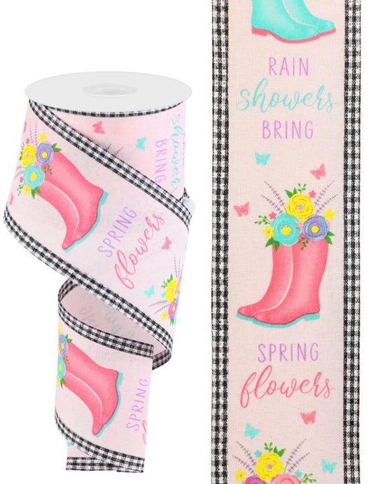 10 Yards - 2.75” Pink Floral Boot Ribbon with Check Edge