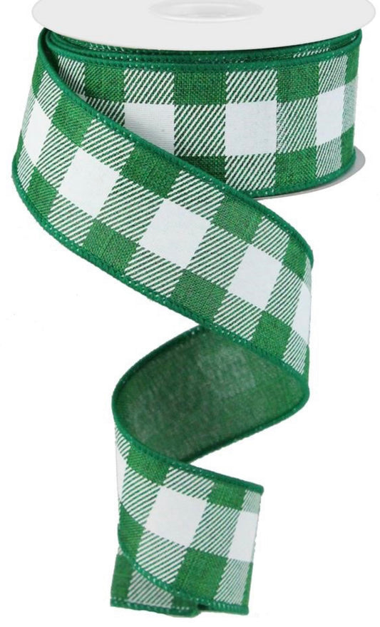 10 Yards - 1.5” Wired Emerald Green and White Check Ribbon