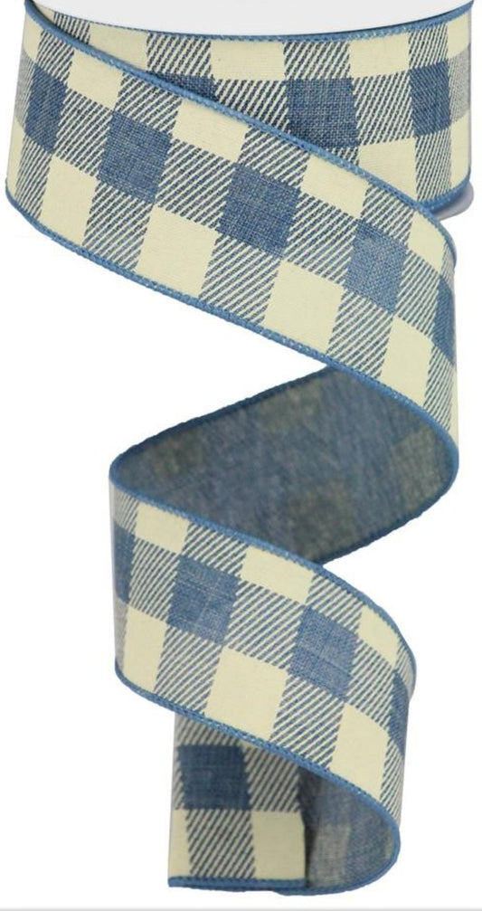 10 Yards - 1.5” Denim and Cream Check Ribbon