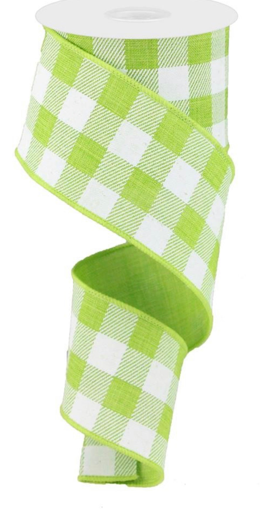 10 Yards - 2.5” Wired Lime Green and White Check Ribbon