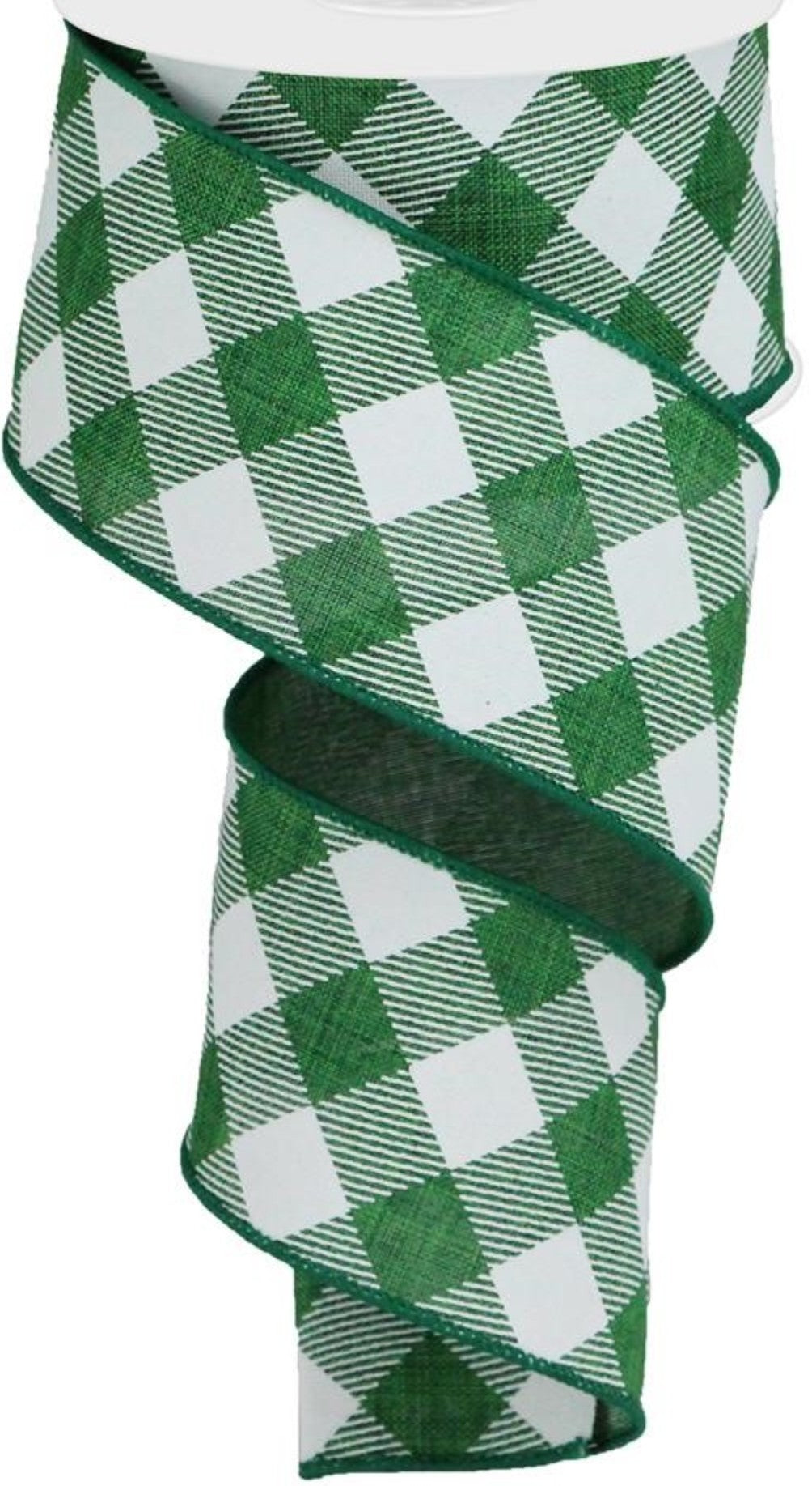 10 Yards - 2.5” Wired Emerald Green and White Diagonal Check Ribbon