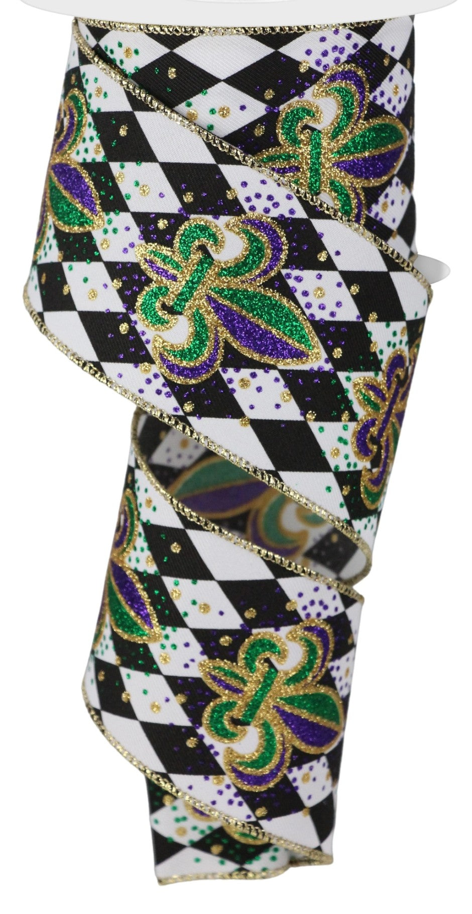 10 Yards - 2.5” Wired Harlequin Mardi Gras Ribbon with Gold Glitter Accent