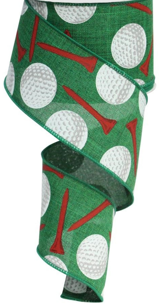 10 Yards - 2.5” Wired Golfing Ribbon on Emerald Green Background