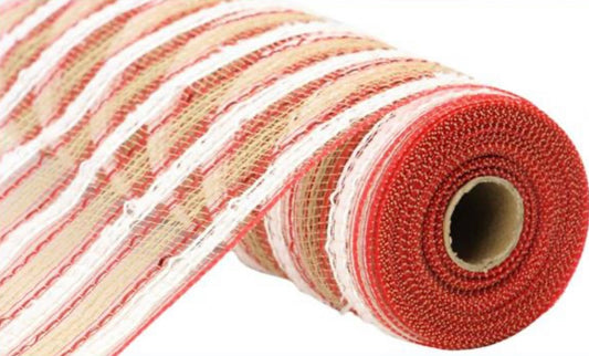 10.25 x 10 Yards Natural with Red and White Stripes Wide Foil, with Drift Jute Stripe Mesh