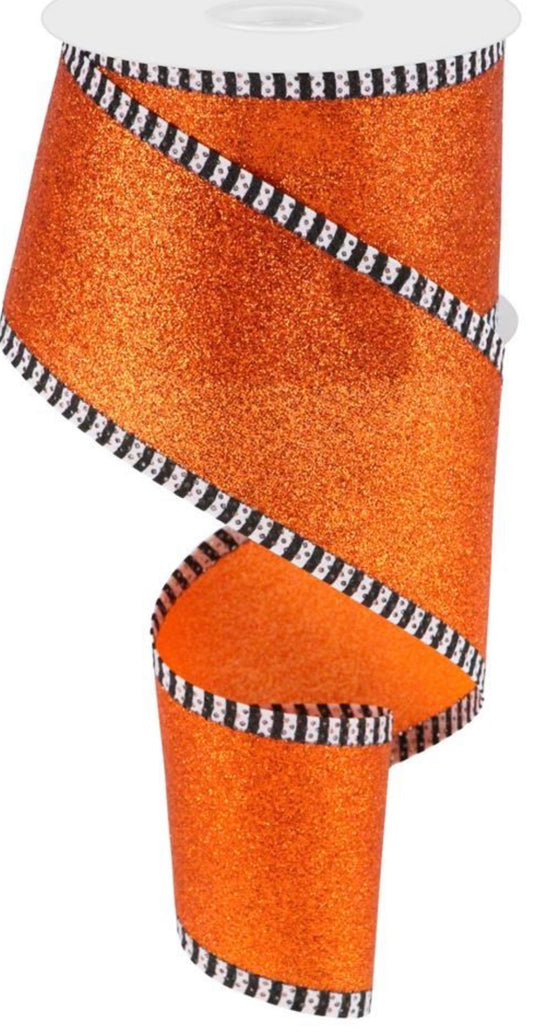 10 Yards - 2.5” Wired Orange Glitter Ribbon with Black and White Stripe Edge