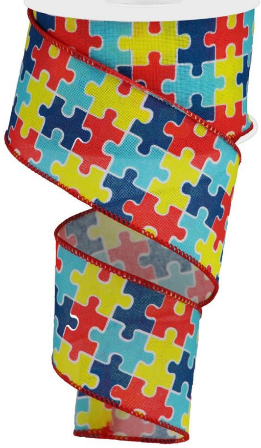 10 Yards - 2.5” Wired Autism Puzzle Piece Ribbon