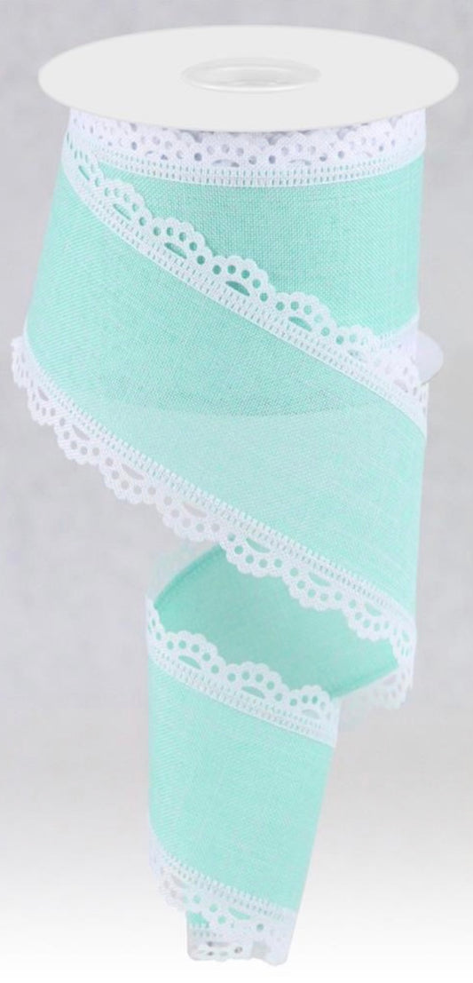 10 Yards - 2.5” Wired Mint Ribbon with Lace Edge