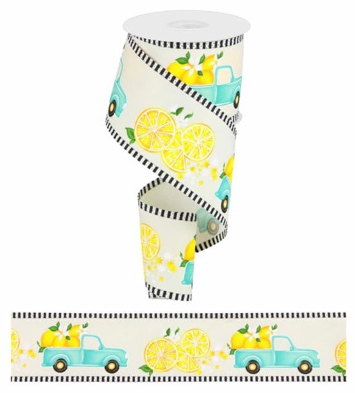 10 Yards - 2.5" White Ribbon with Cyan Truck and Lemons