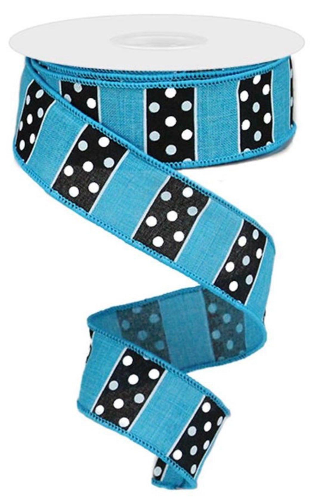 10 Yards - 1.5” Blue, Black, and White Stripe Dot Ribbon