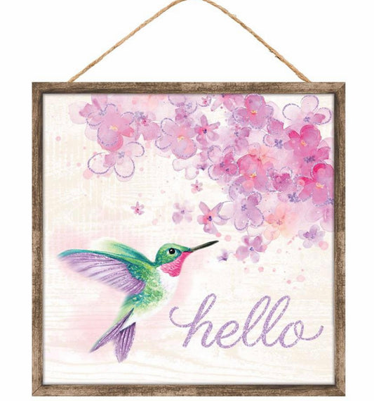 10” Square Hello Hummingbird Wreath Sign with Glitter Accent