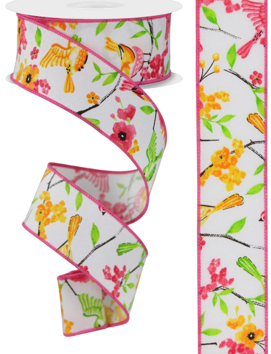 10 Yards - 1.5” Wired Floral Bird Ribbon